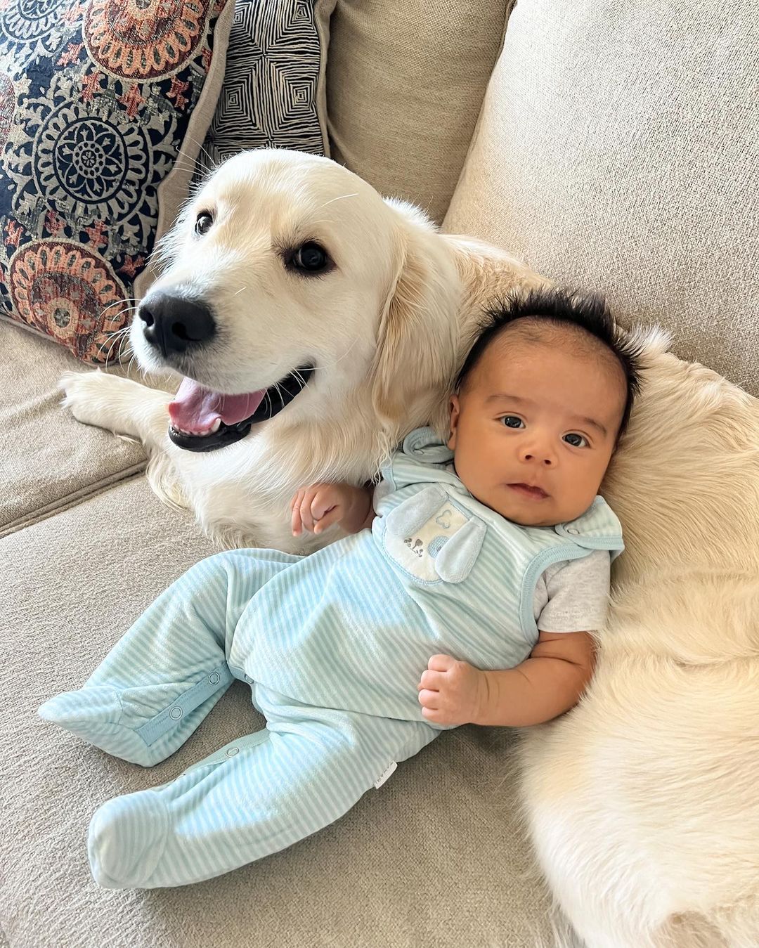 Happy family with their retriever puppy